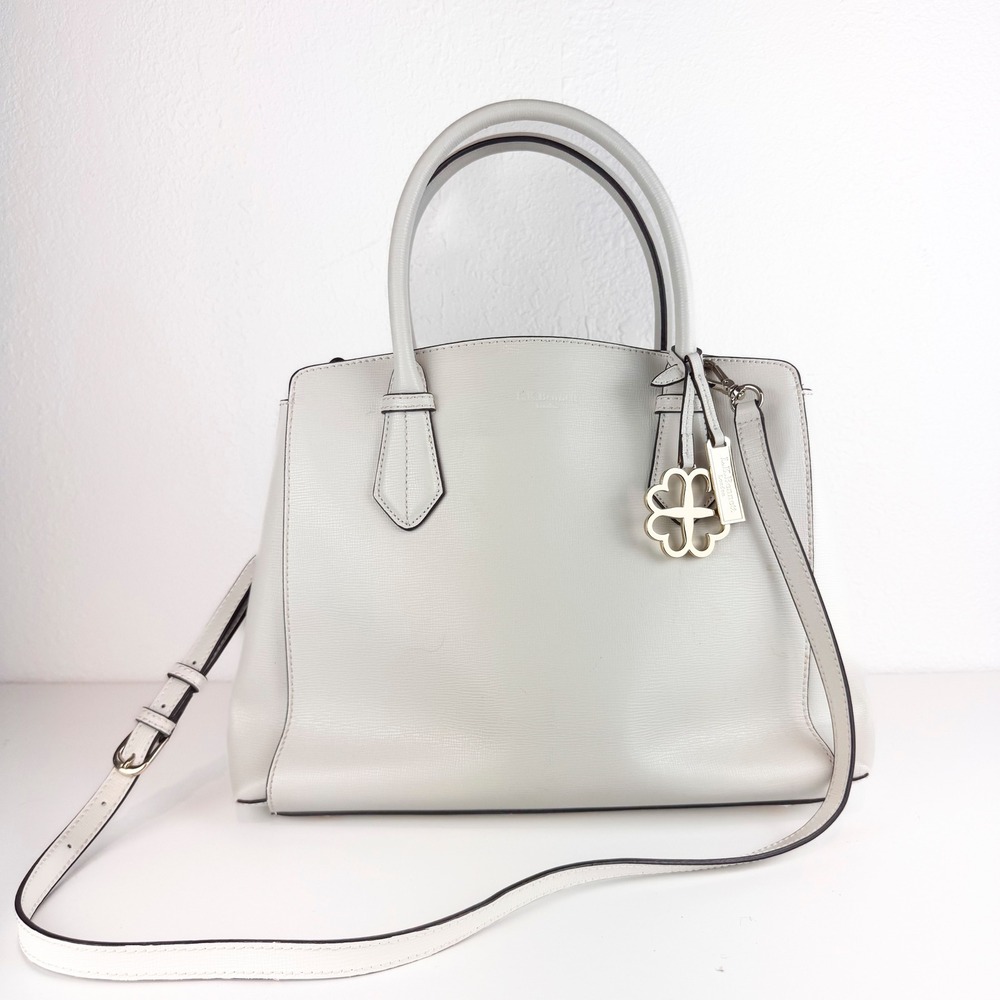 LK Bennett London Off White Textured Leather Satchel Crossbody Bag Clover Charm